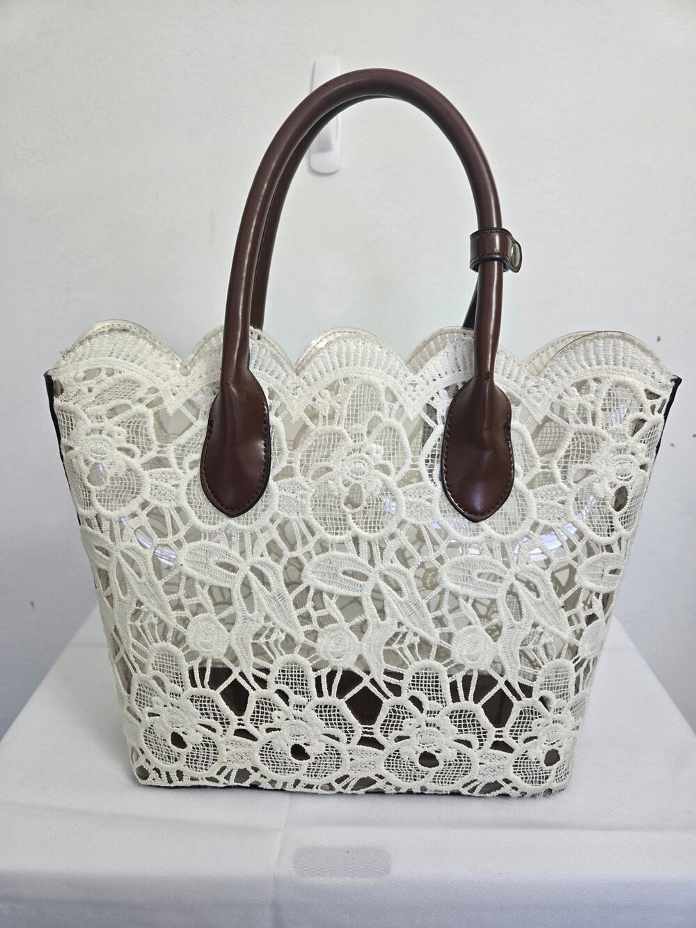 Women Lace Tote Vintage  Clear Bag Handbag with Off-White Cotton Lace Fabric